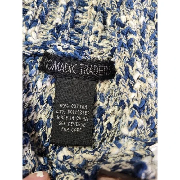 Nomadic Traders Y2K Knit Sweater M Blue Navy White Chunky Wood Buttons - Picture 10 of 10